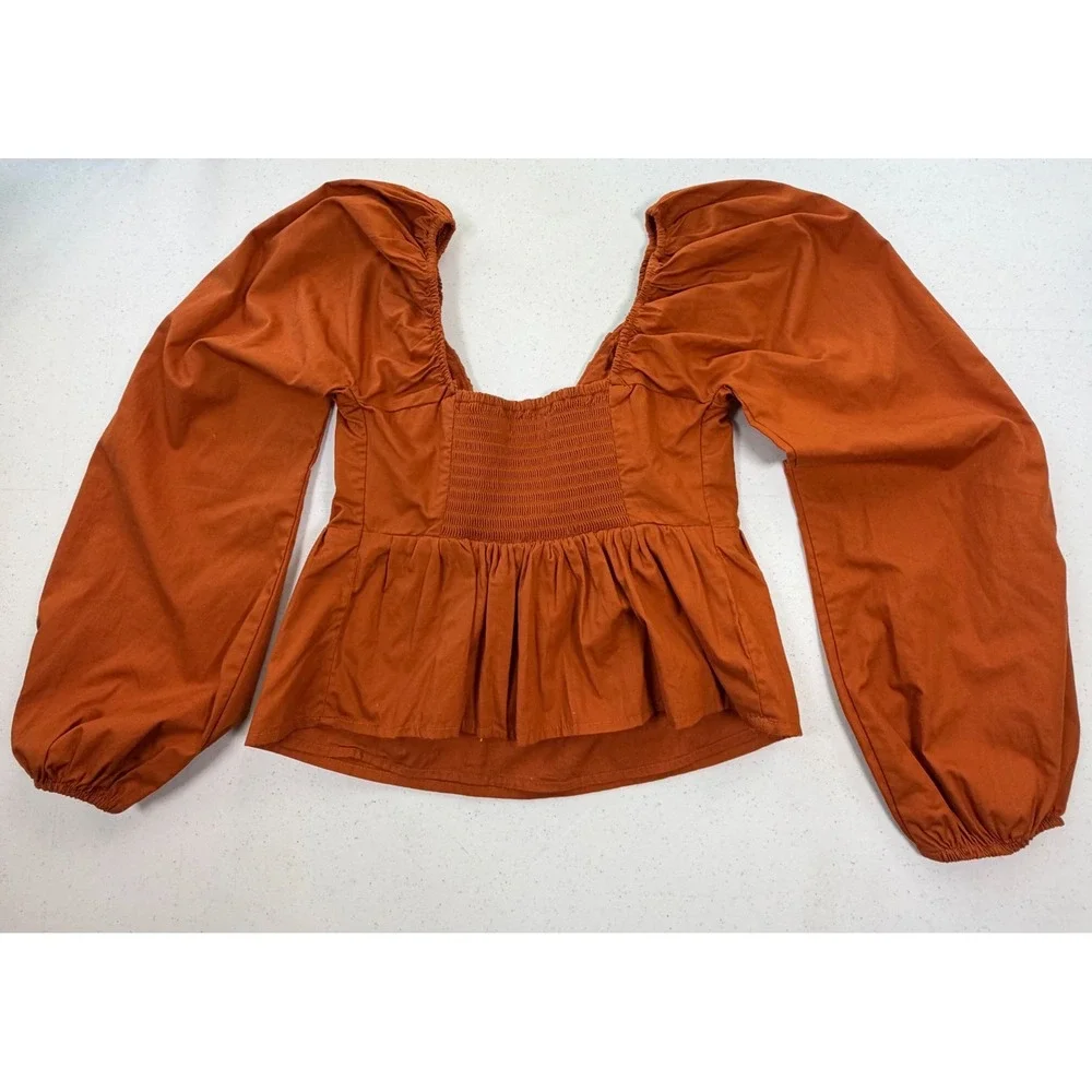 Abercrombie & Fitch Cotton Puff Sleeve Peplum Top Women XXS Rust Orange
